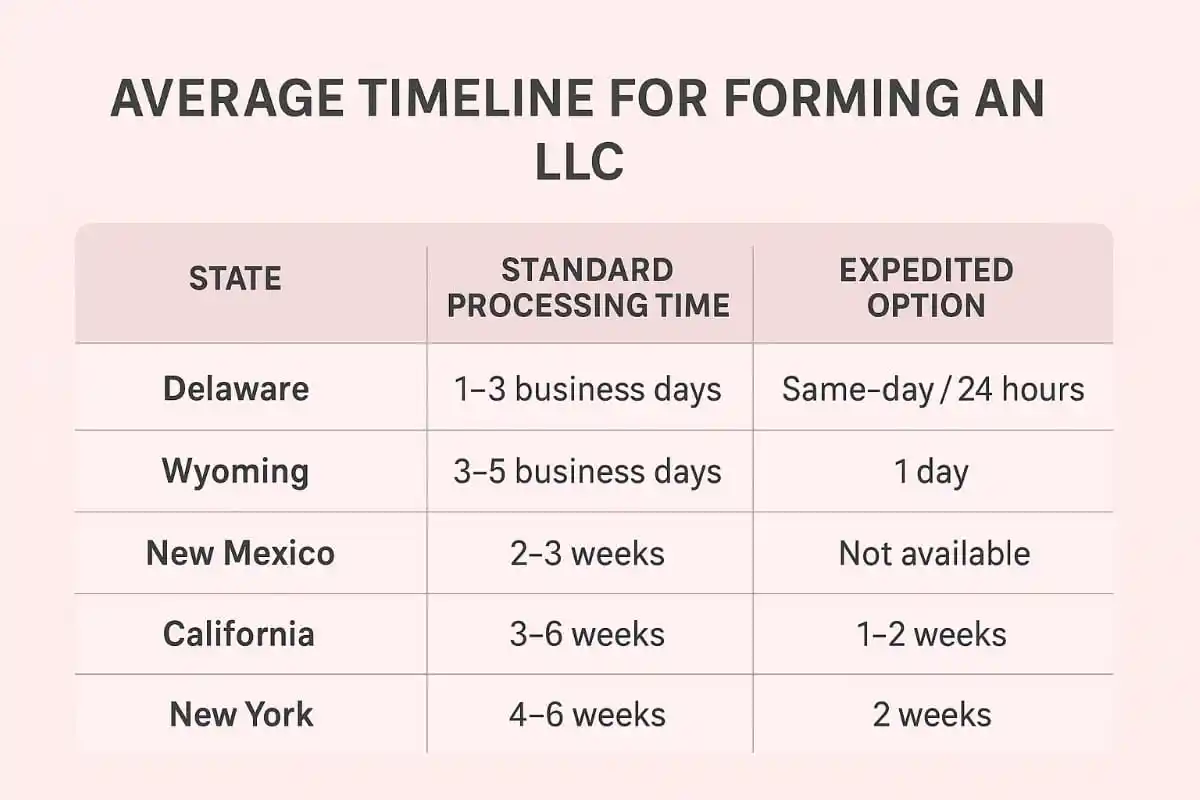 Averge timeline for forming an LLC 